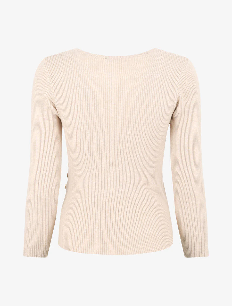 Pull côtelé col cache-coeur et boutons - Beige - Image 2