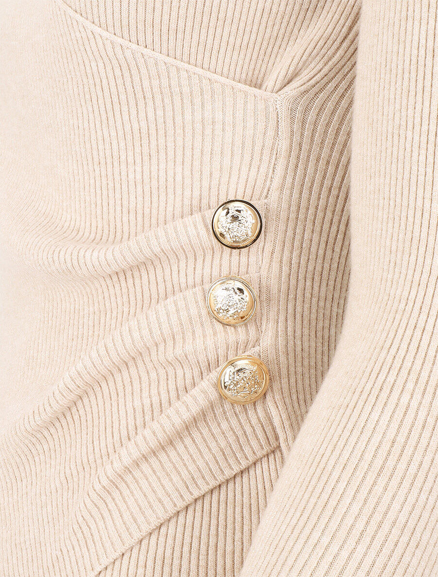 Pull côtelé col cache-coeur et boutons - Beige - Image 3