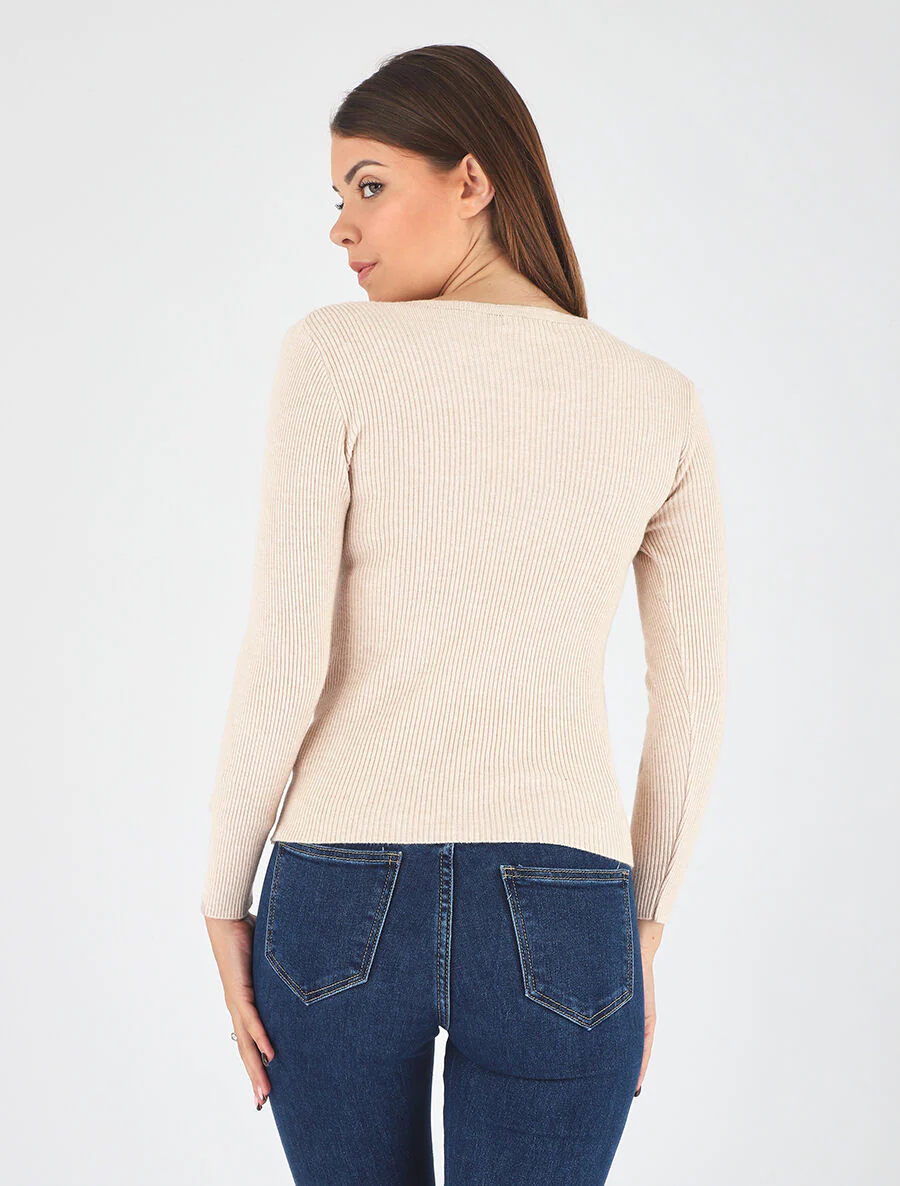 Pull côtelé col cache-coeur et boutons - Beige - Image 5
