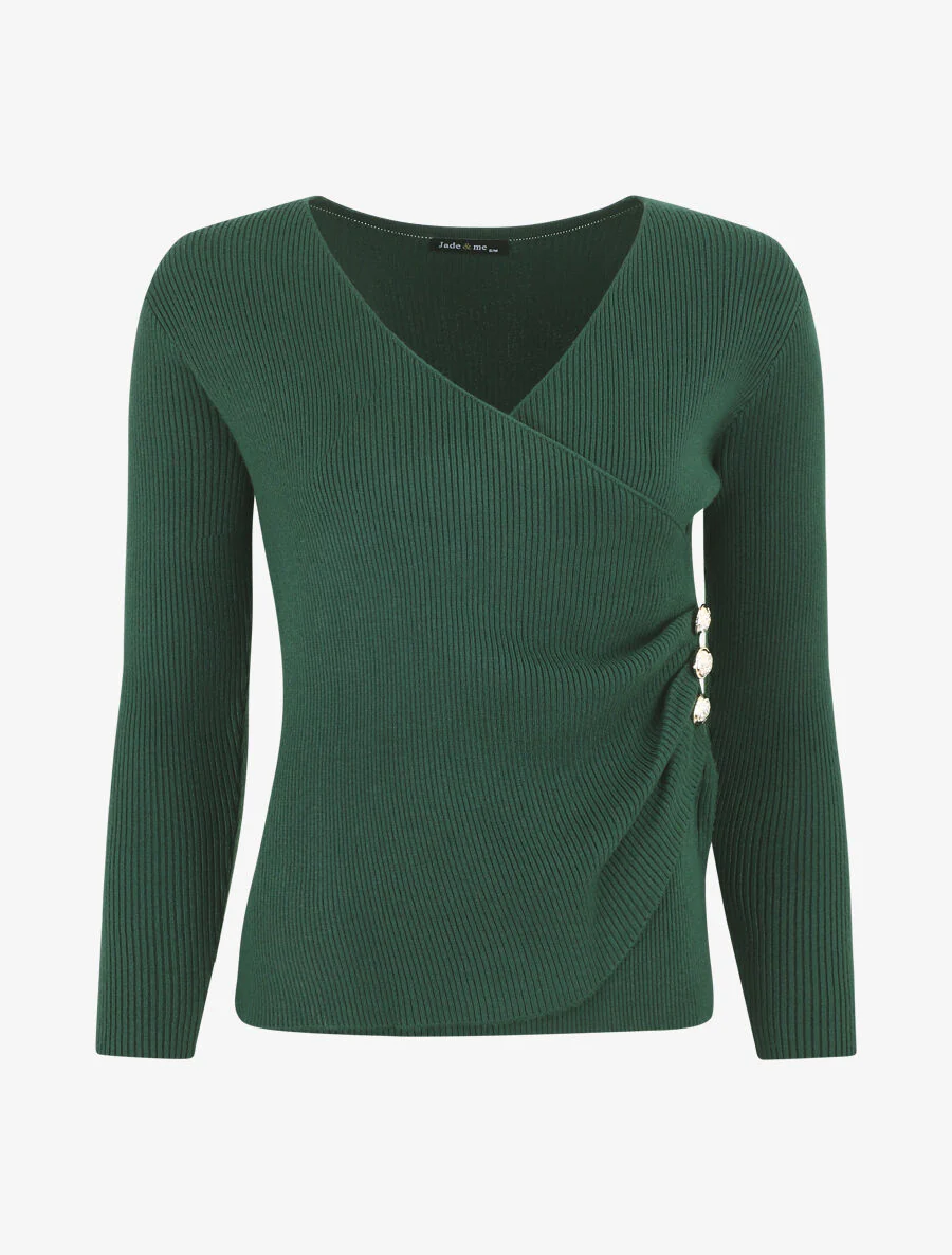 Pull côtelé col cache-coeur et boutons - Vert foncé