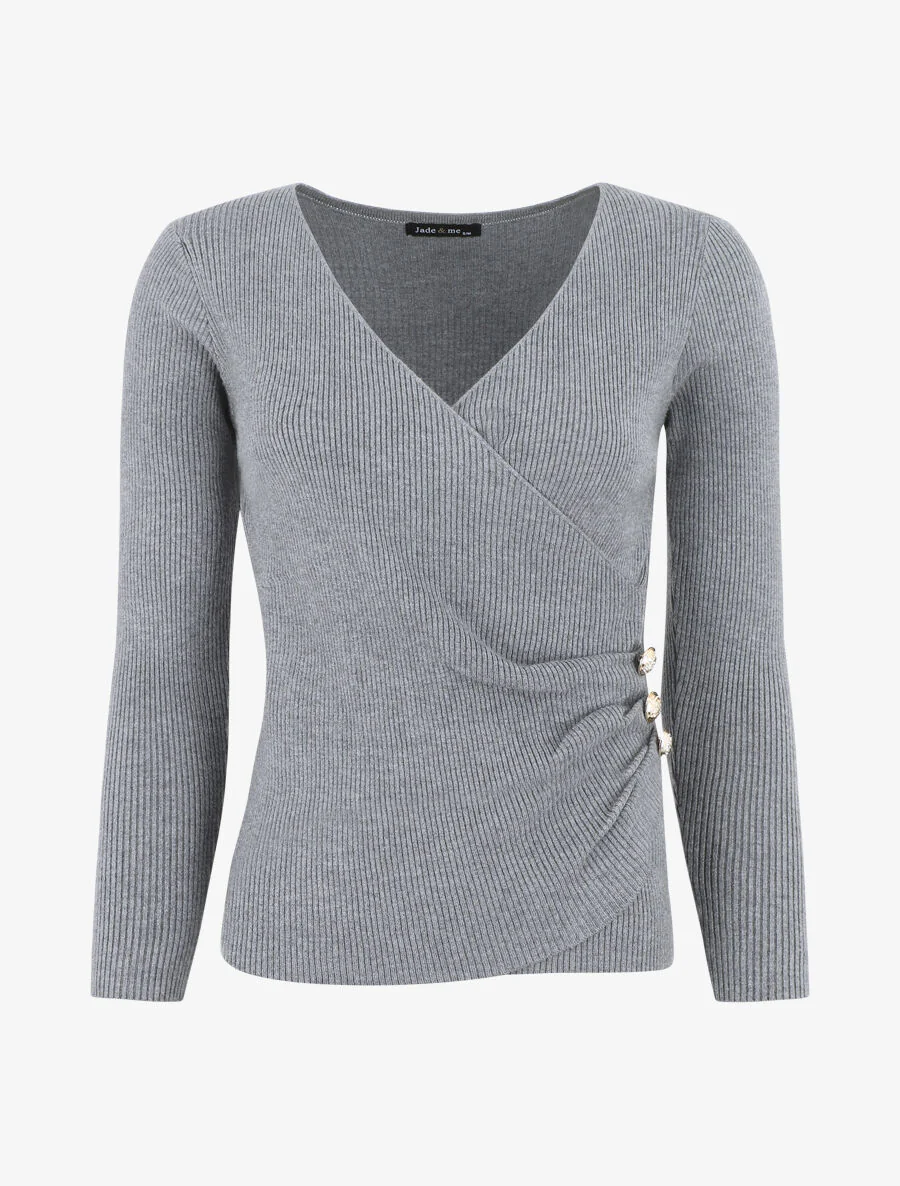 Pull côtelé col cache-coeur et boutons - Gris