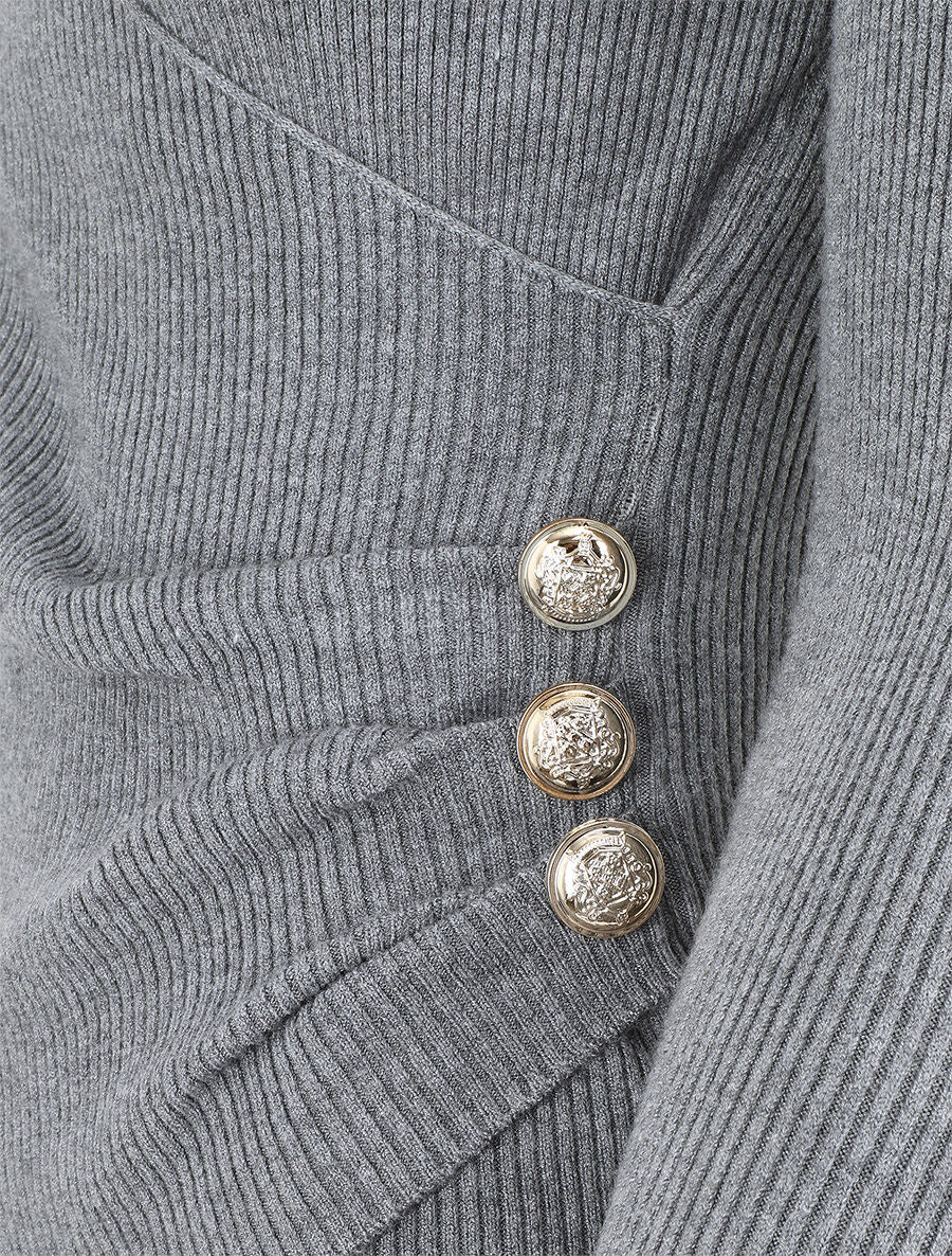Pull côtelé col cache-coeur et boutons - Gris - Image 3