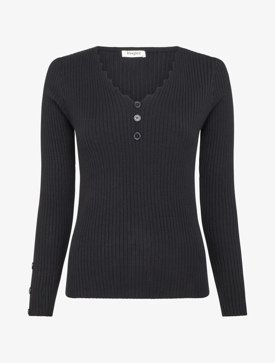 Pull côtelé moulant à col V à boutons décoratifs - Noir