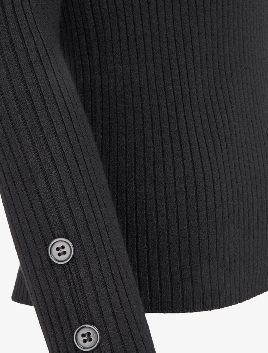 Pull côtelé moulant à col V à boutons décoratifs - Noir - Image 3