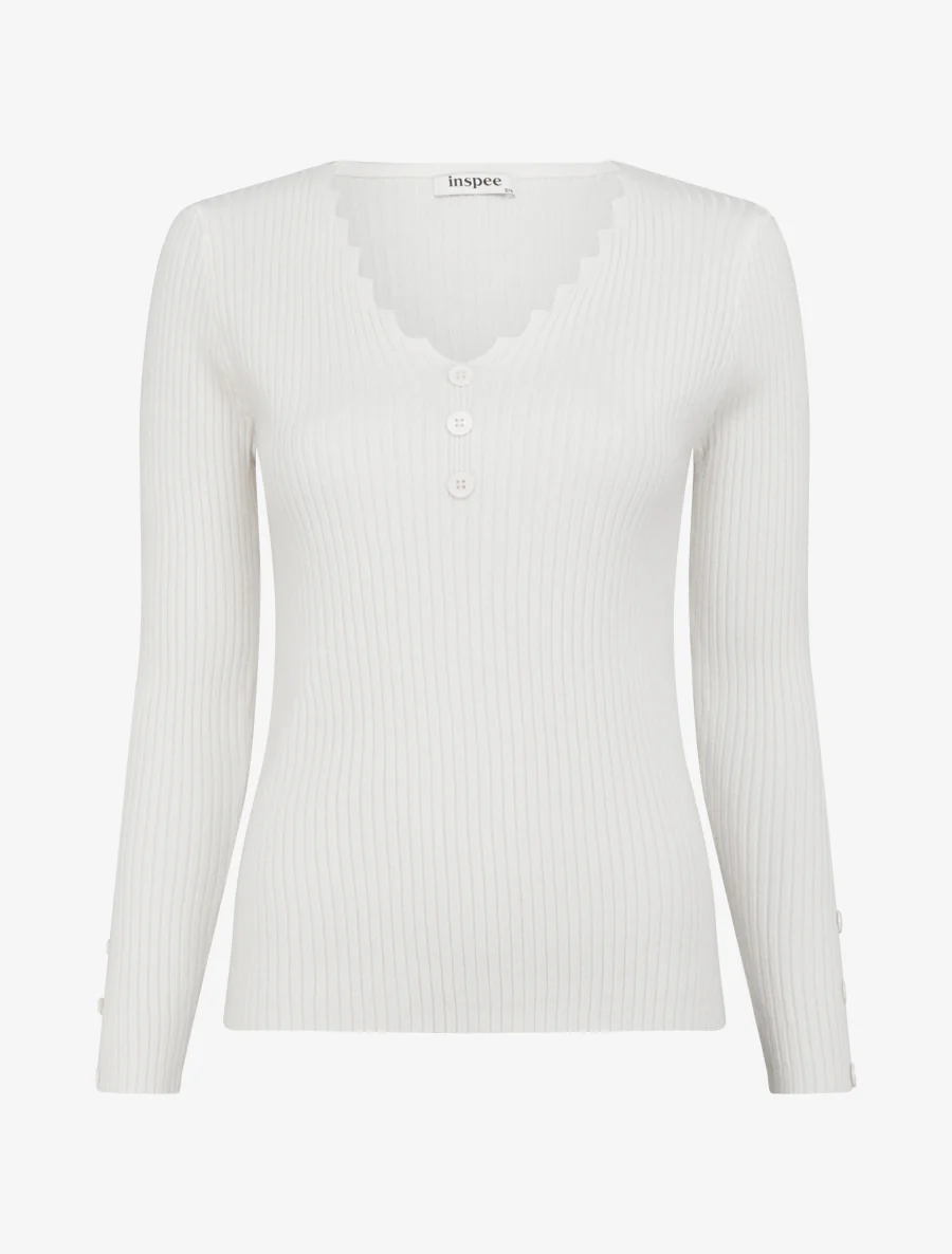 Pull côtelé moulant à col V à boutons décoratifs - Blanc