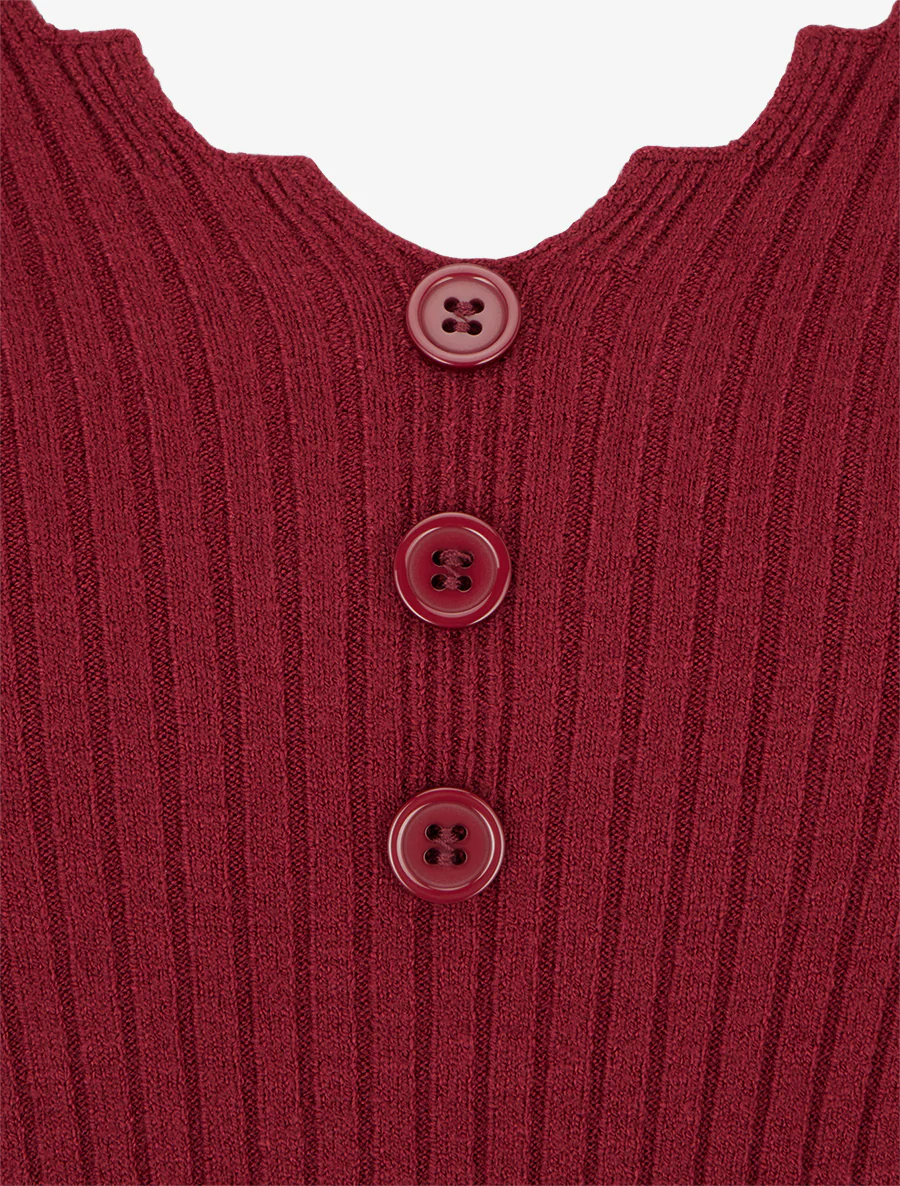 Pull côtelé moulant à col V à boutons décoratifs - Bordeaux - Image 3