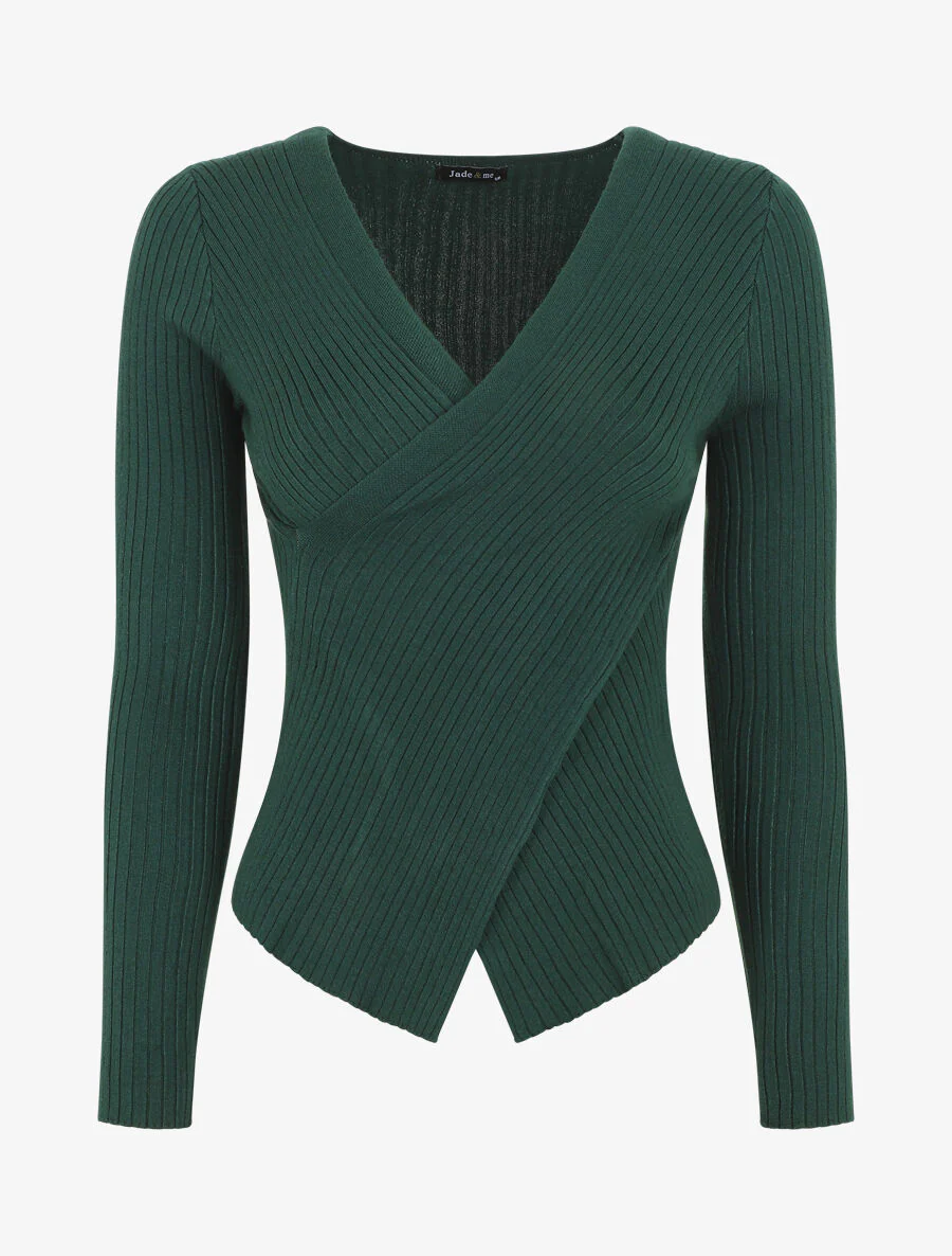 Pull côtelé moulant col cache-coeur - Vert foncé