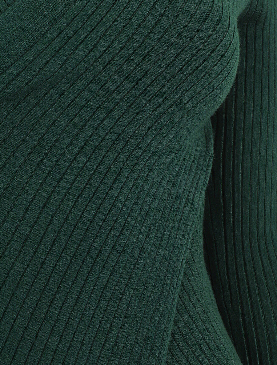 Pull côtelé moulant col cache-coeur - Vert foncé - Image 3
