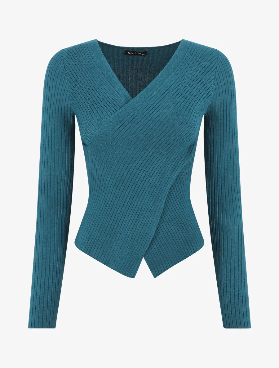 Pull côtelé moulant col cache-coeur - Bleu canard