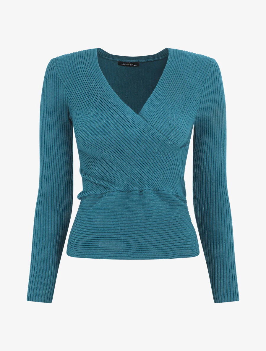 Pull côtelé uni à col cache-coeur - Bleu canard