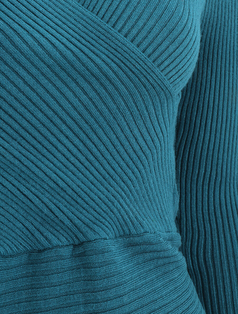 Pull côtelé uni à col cache-coeur - Bleu canard - Image 3