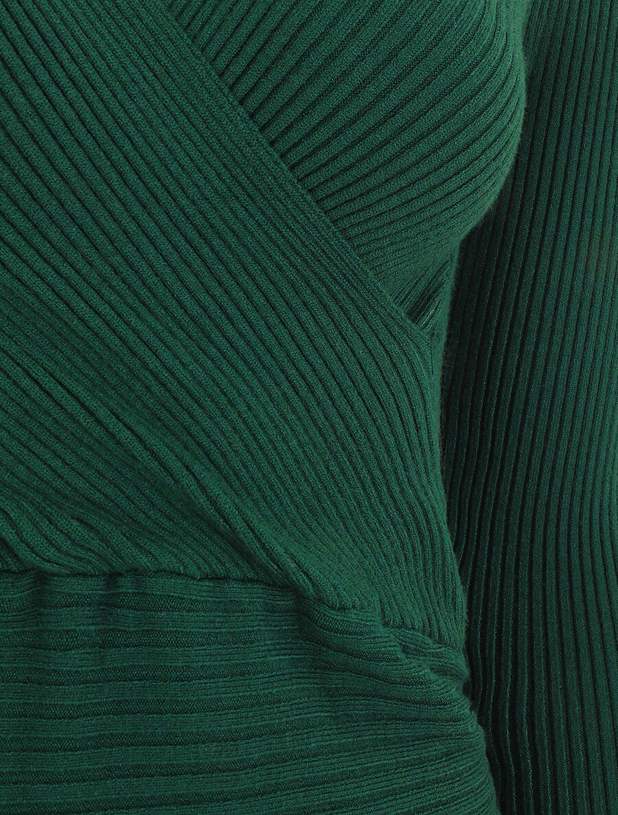 Pull côtelé uni à col cache-coeur - Vert - Image 3