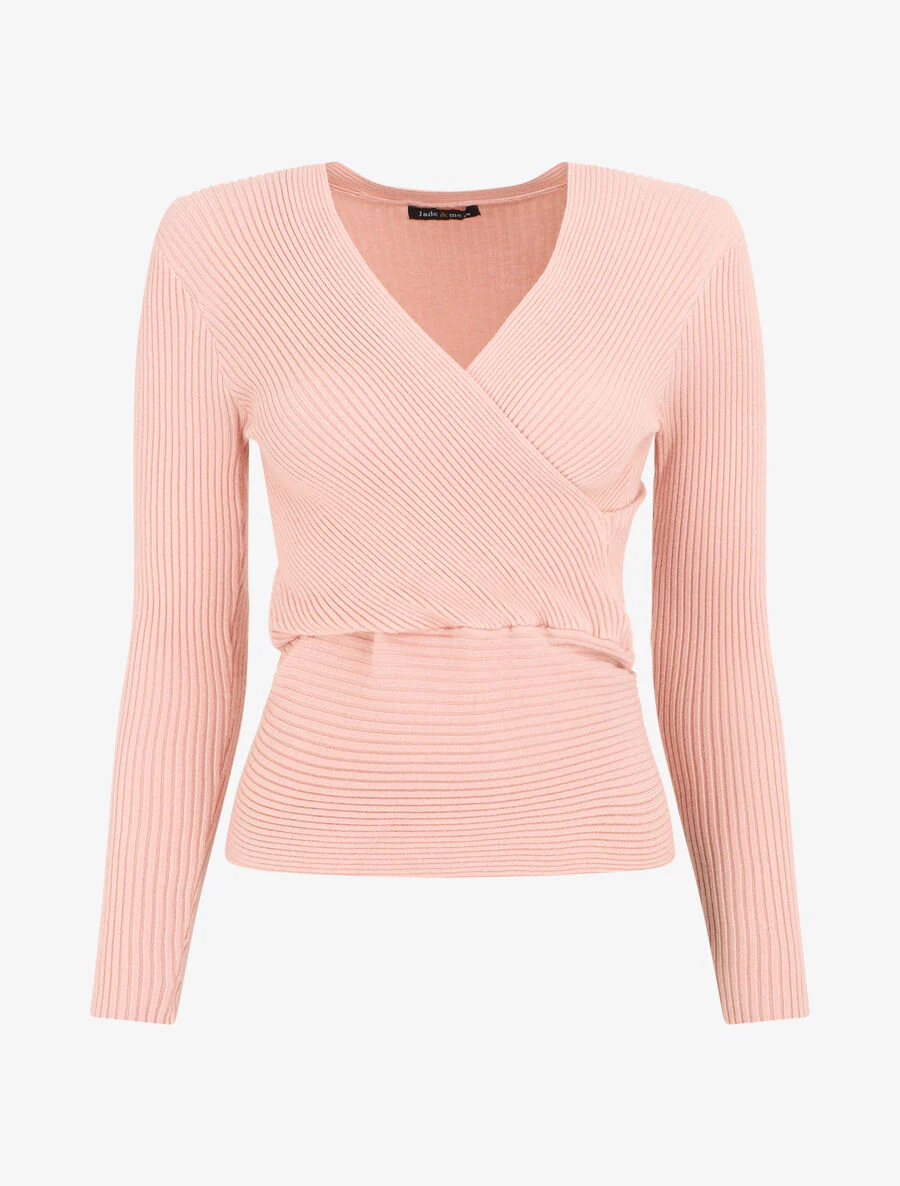 Pull côtelé uni à col cache-coeur - Rose