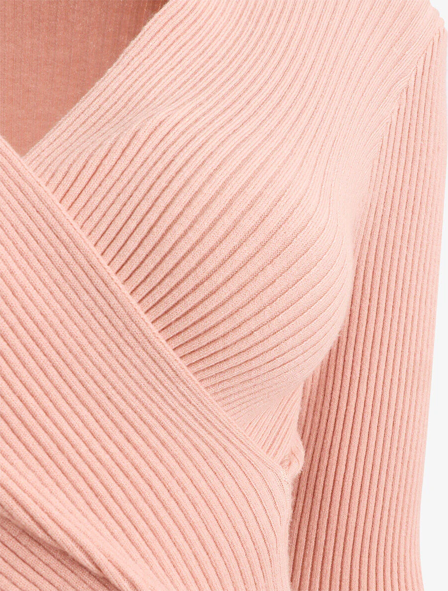 Pull côtelé uni à col cache-coeur - Rose - Image 3