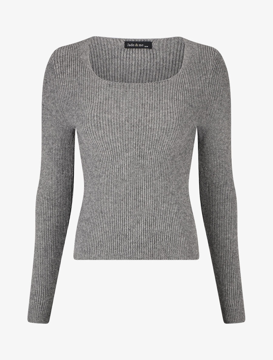 Pull côtelé uni col carré - Gris