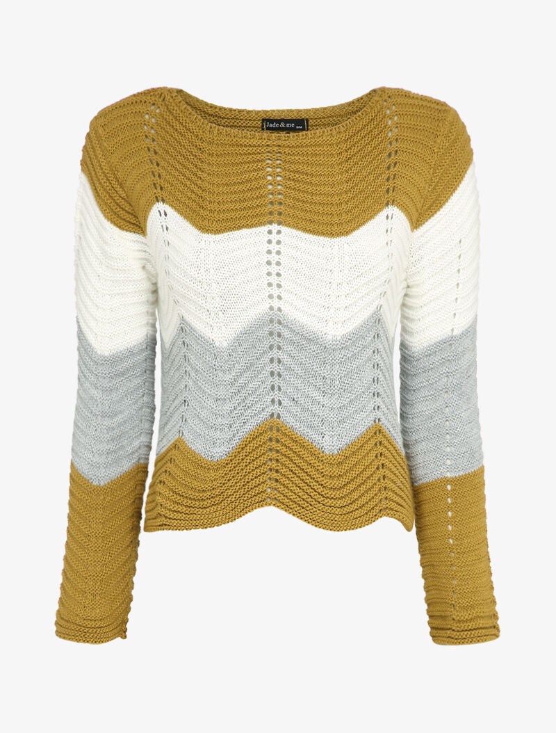 Pull court à rayures en maille style vagues - Moutarde