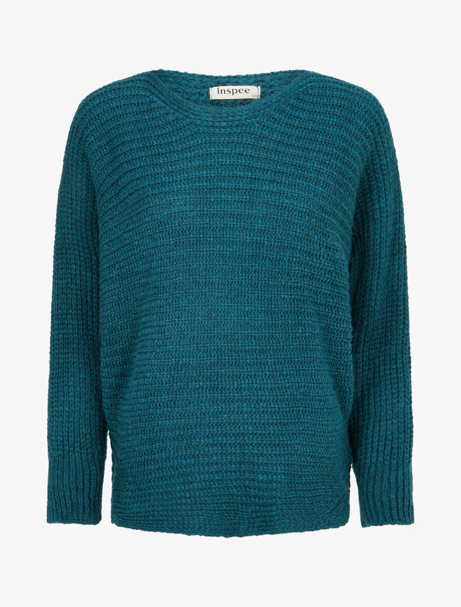 Pull dolman en grosse maille côtelée - Bleu lagon