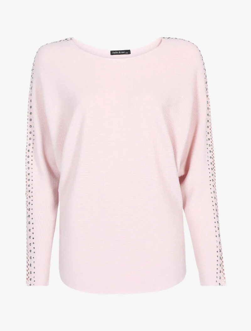 Pull doux à manches ajourées et cloutées - rose poudré - rose orange