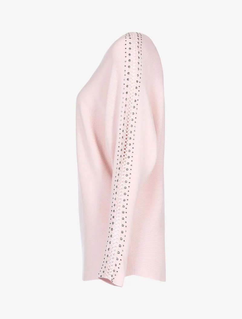 Pull doux à manches ajourées et cloutées - rose poudré - rose orange - Image 3