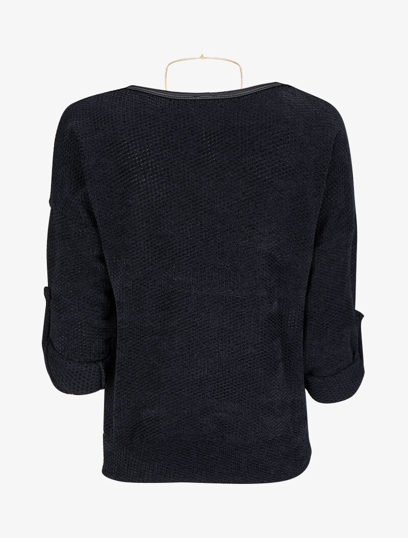 Pull doux et texturé à manches rabattables - Noir - Image 2