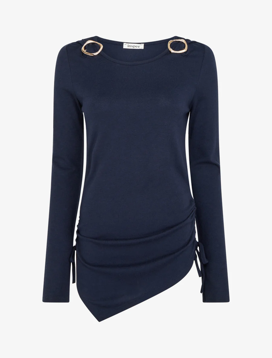 Pull droit à boucles strassées et bords asymétriques - Marine