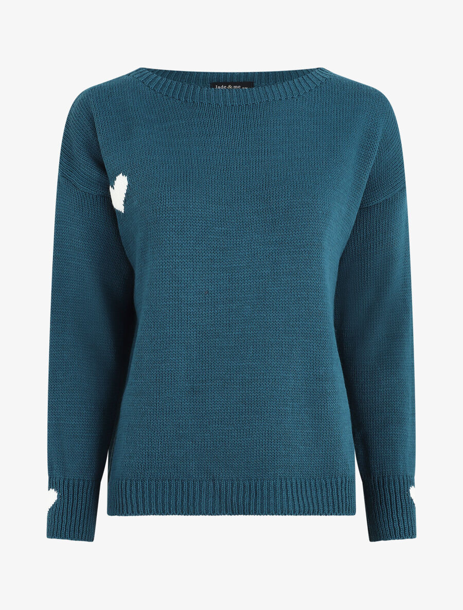 Pull droit à coeur - Bleu canard