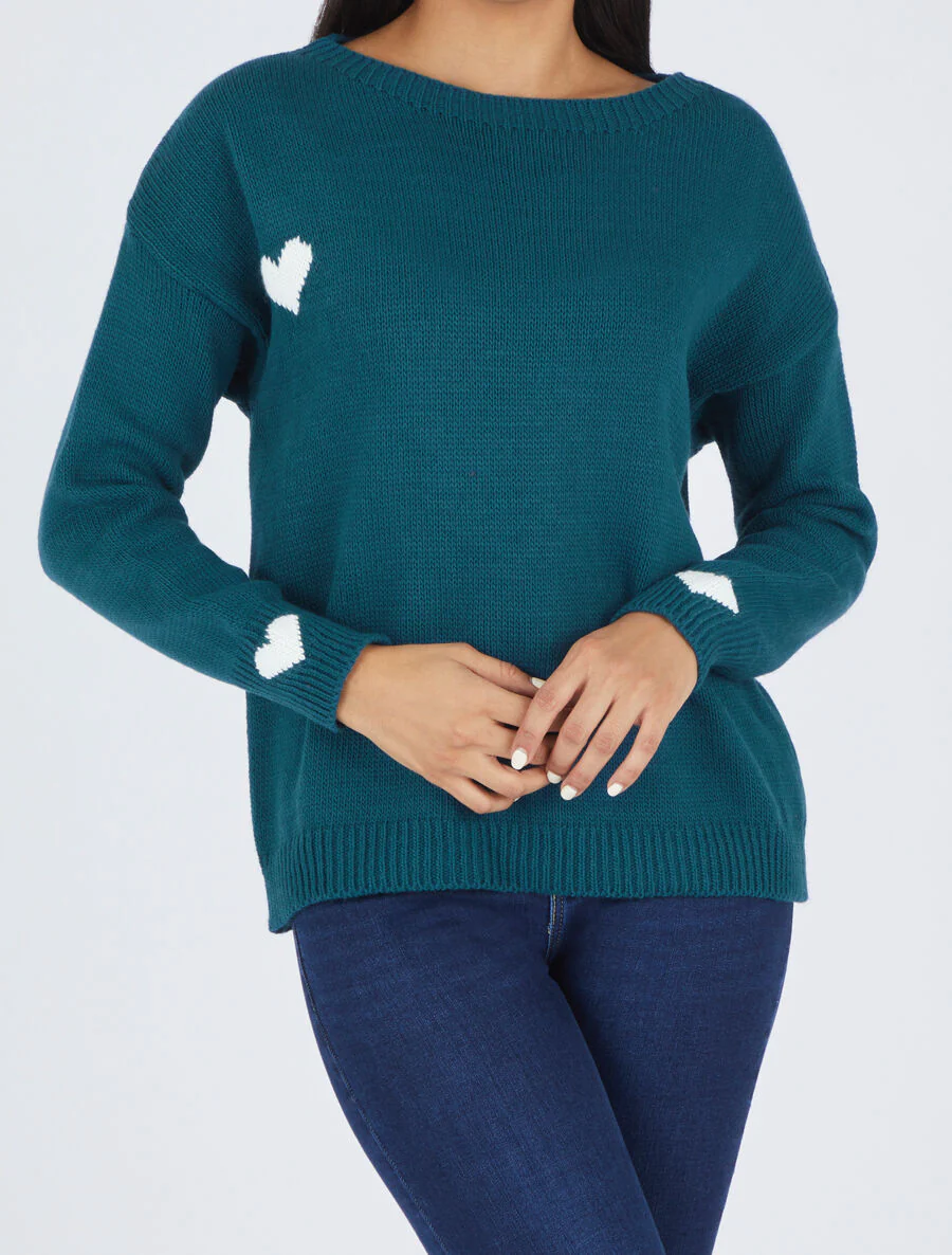 Pull droit à coeur - Bleu canard - Image 4