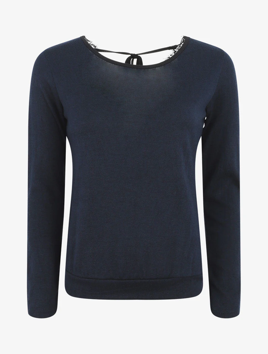 Pull droit à dos en dentelle - Bleu nuit