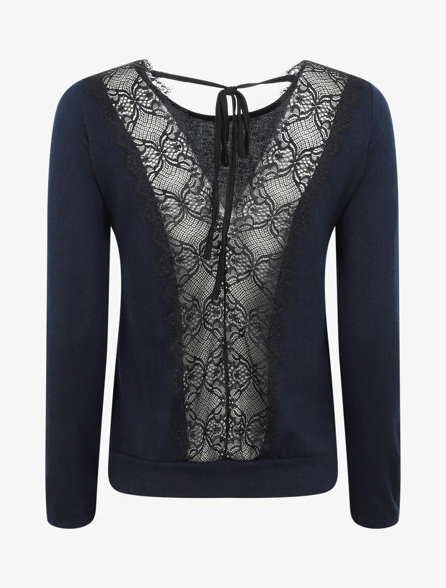 Pull droit à dos en dentelle - Bleu nuit - Image 2