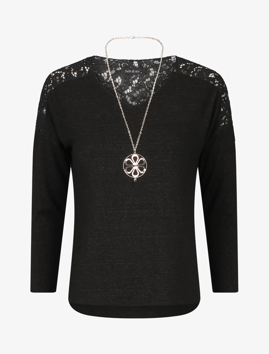 Pull droit à épaules en dentelle - Noir