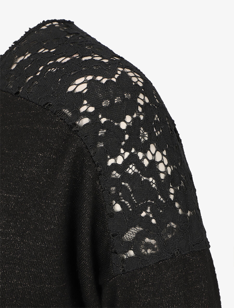 Pull droit à épaules en dentelle - Noir - Image 3