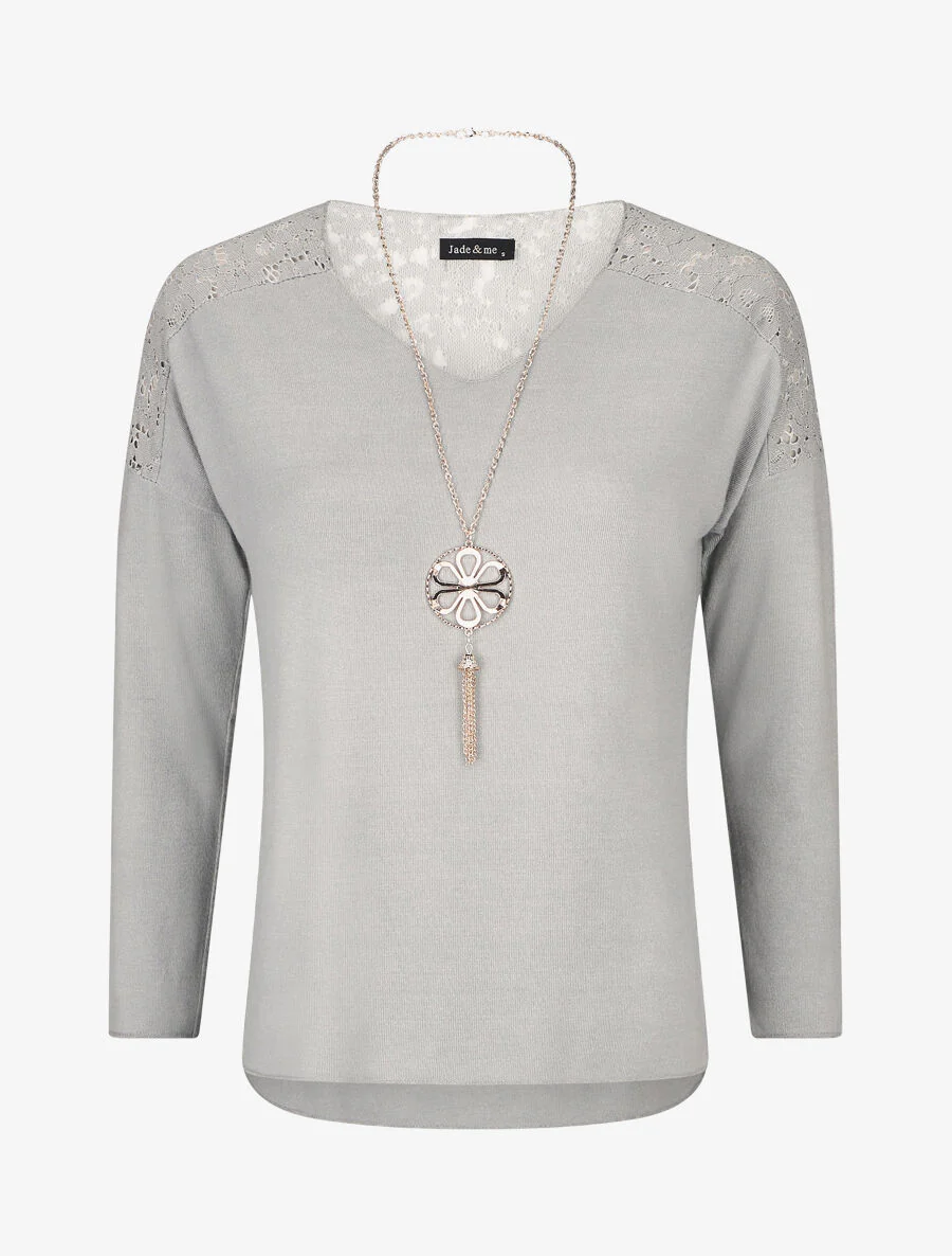Pull droit à épaules en dentelle - Gris
