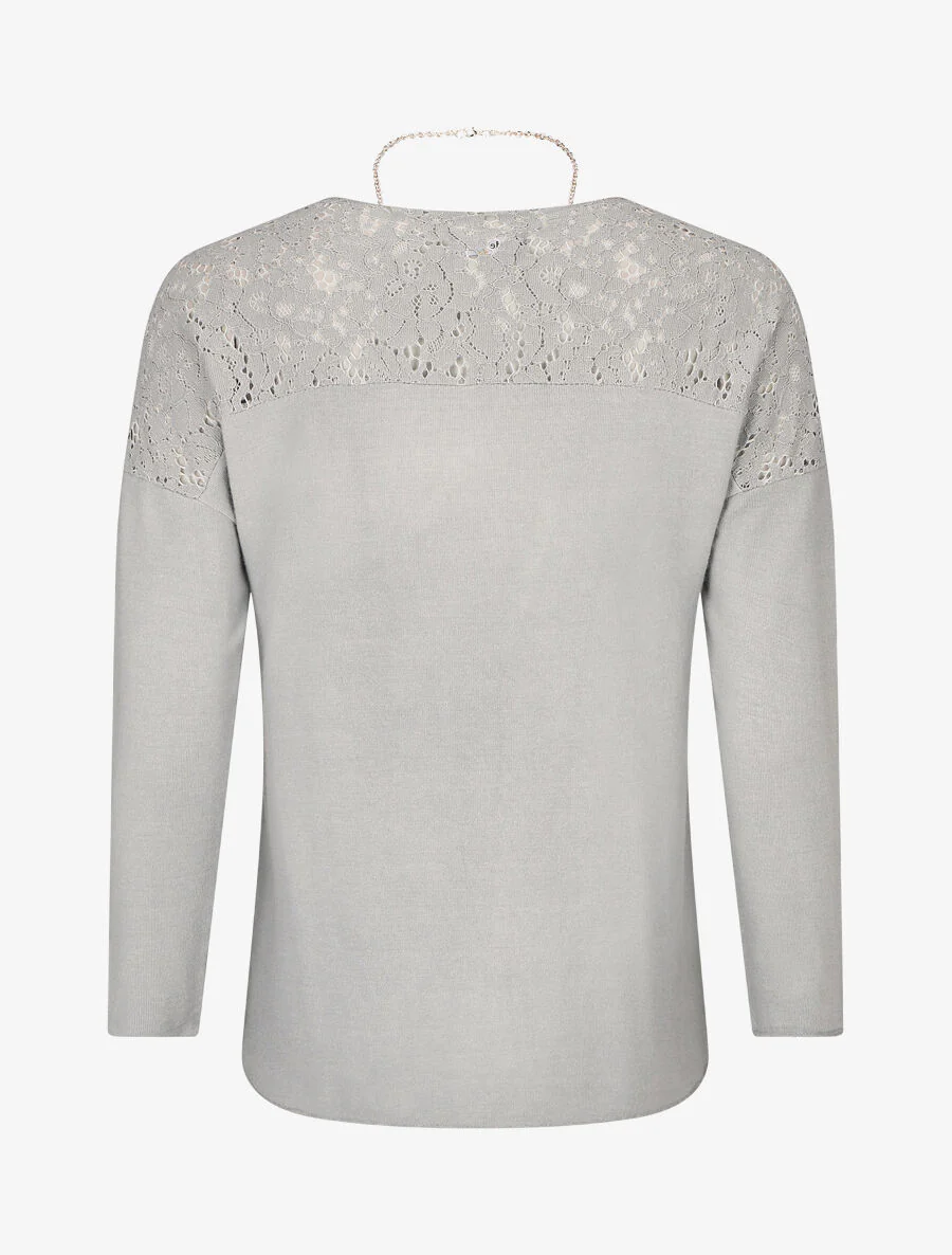 Pull droit à épaules en dentelle - Gris - Image 2