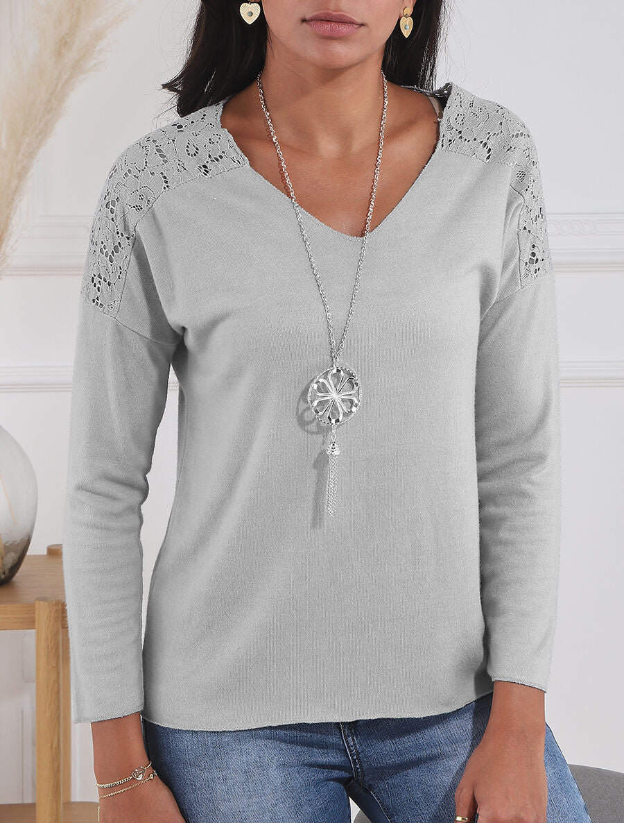 Pull droit à épaules en dentelle - Gris - Image 4