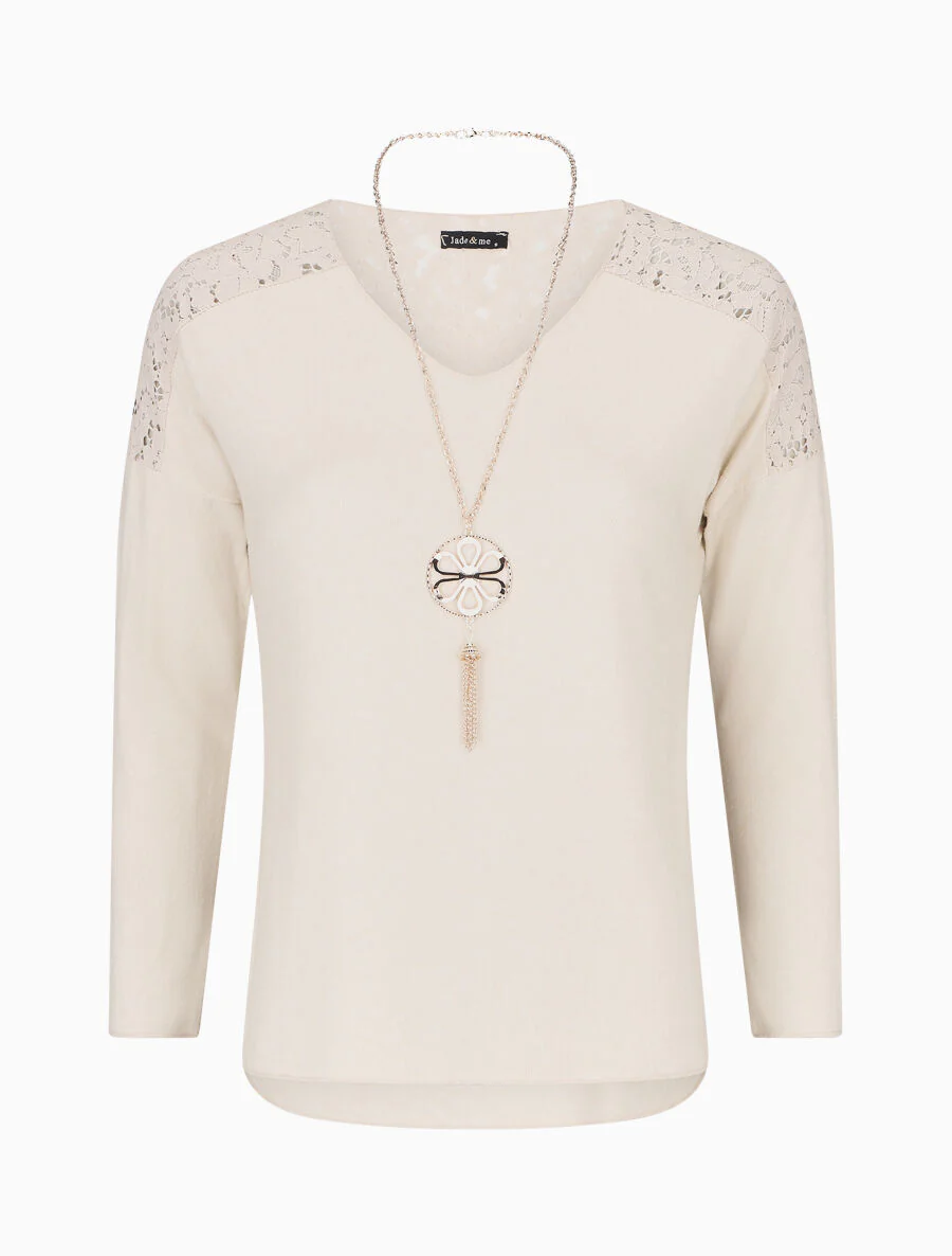 Pull droit à épaules en dentelle - Beige