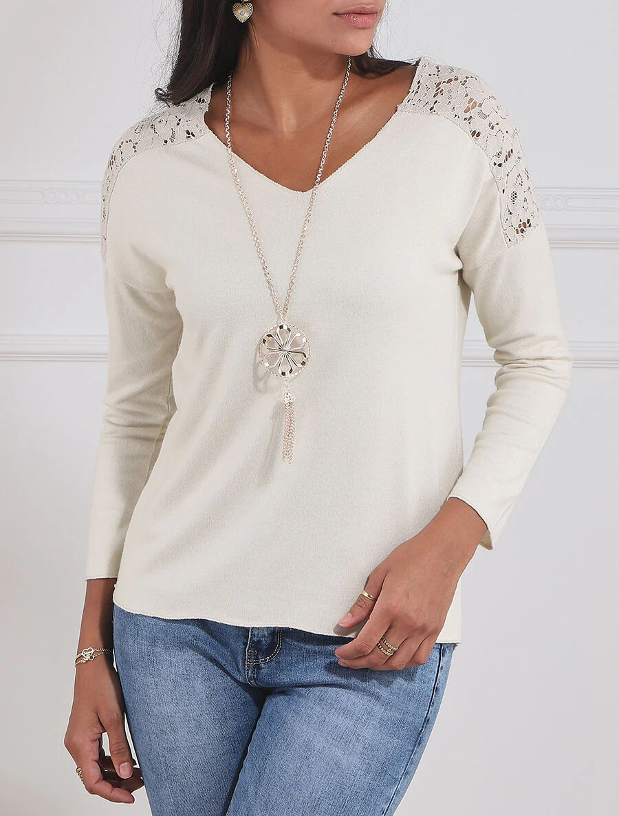 Pull droit à épaules en dentelle - Beige - Image 4