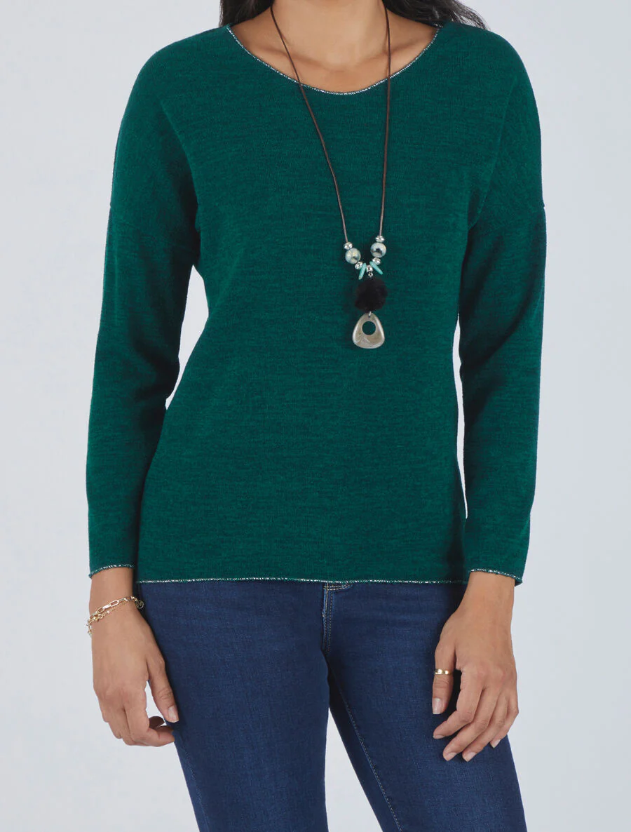 Pull droit à liseré irisé - Vert foncé - Image 4