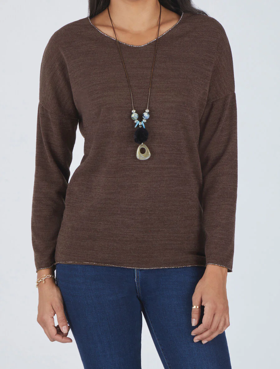 Pull droit à liseré irisé - Marron - Image 4