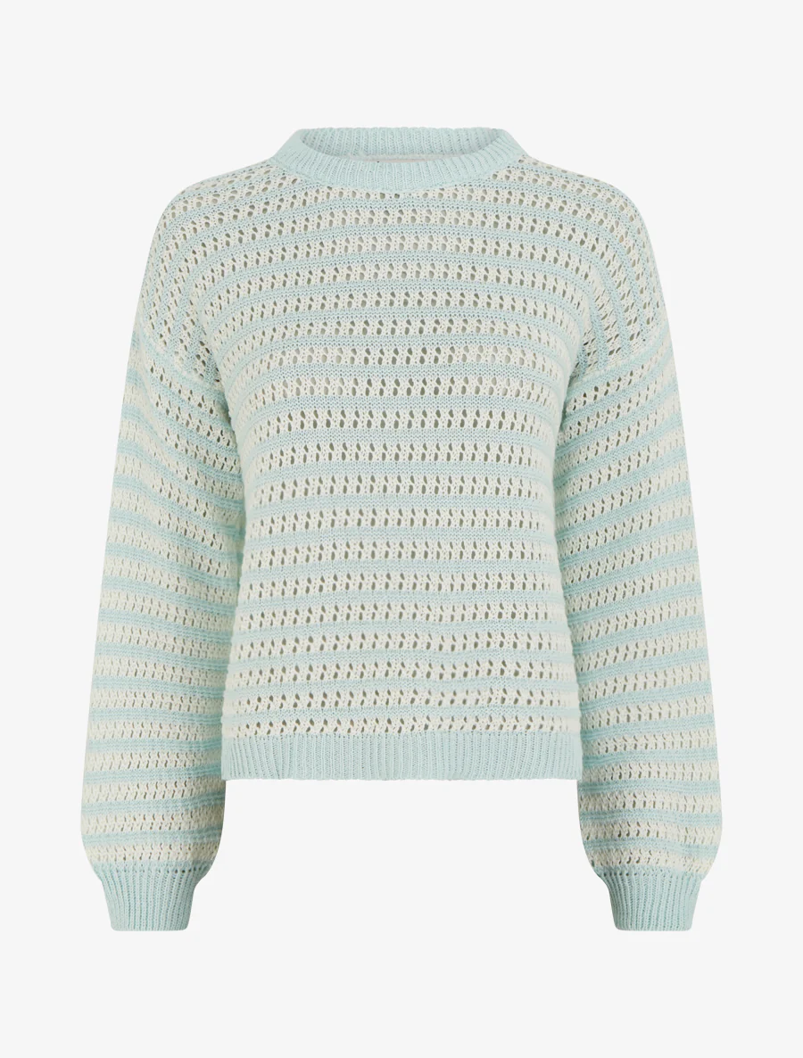 Pull droit à rayures ajourées - Bleu lagon