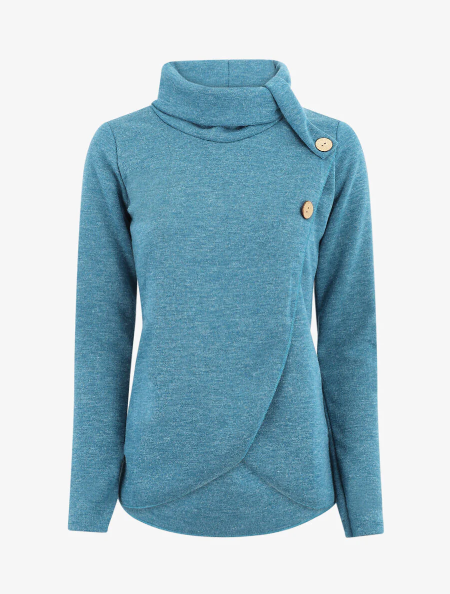 Pull droit boutonné à col roulé - Bleu canard
