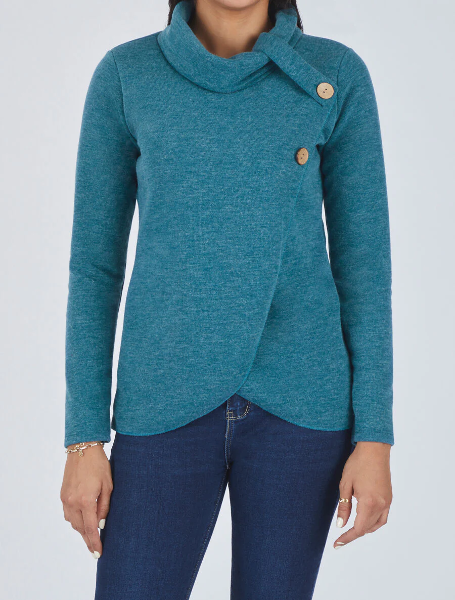 Pull droit boutonné à col roulé - Bleu canard - Image 4