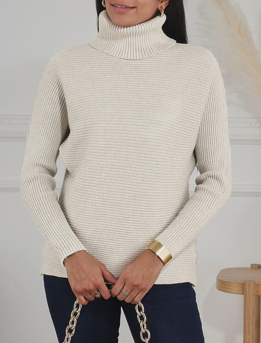 Pull droit côtelé à col roulé - Beige - Image 4