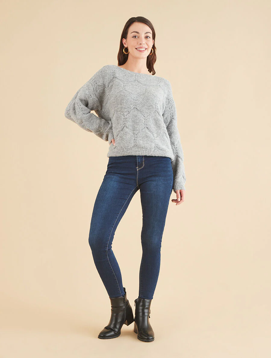 Pull droit en maille graphique - Gris - Image 4