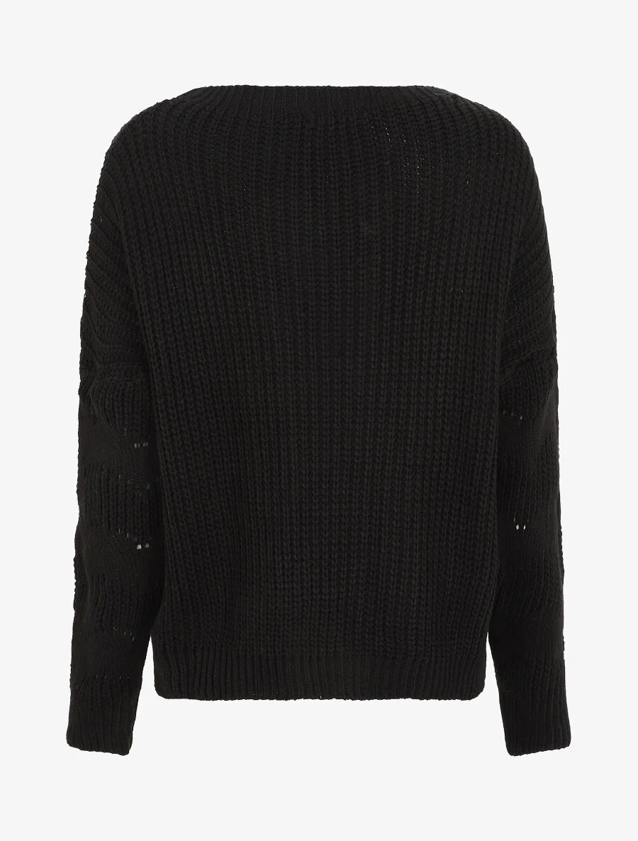 Pull droit uni en maille ajourée - Noir - Image 2