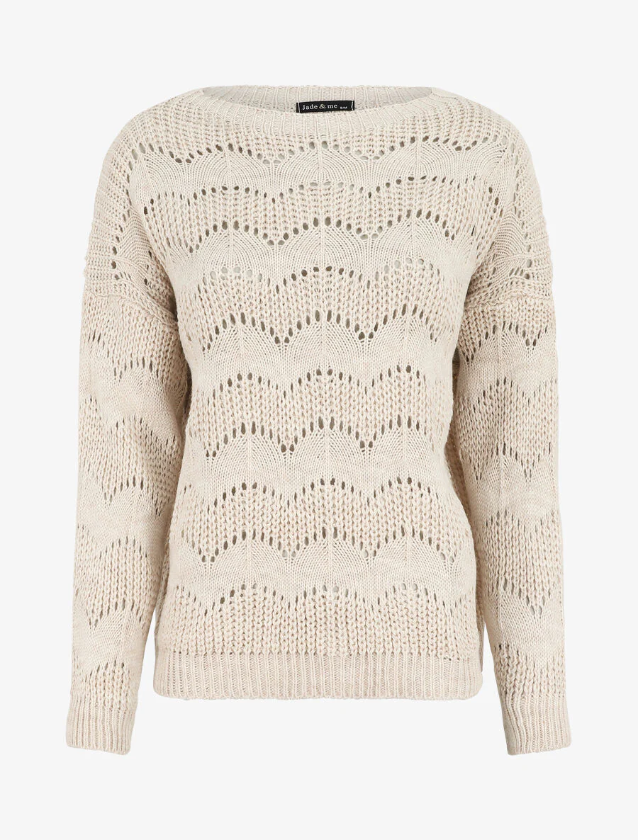 Pull droit uni en maille ajourée - Beige