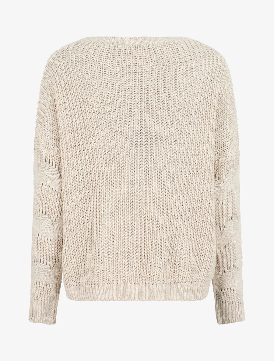 Pull droit uni en maille ajourée - Beige - Image 2