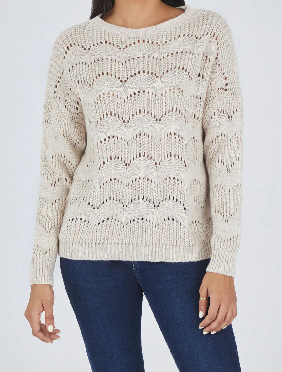 Pull droit uni en maille ajourée - Beige - Image 4
