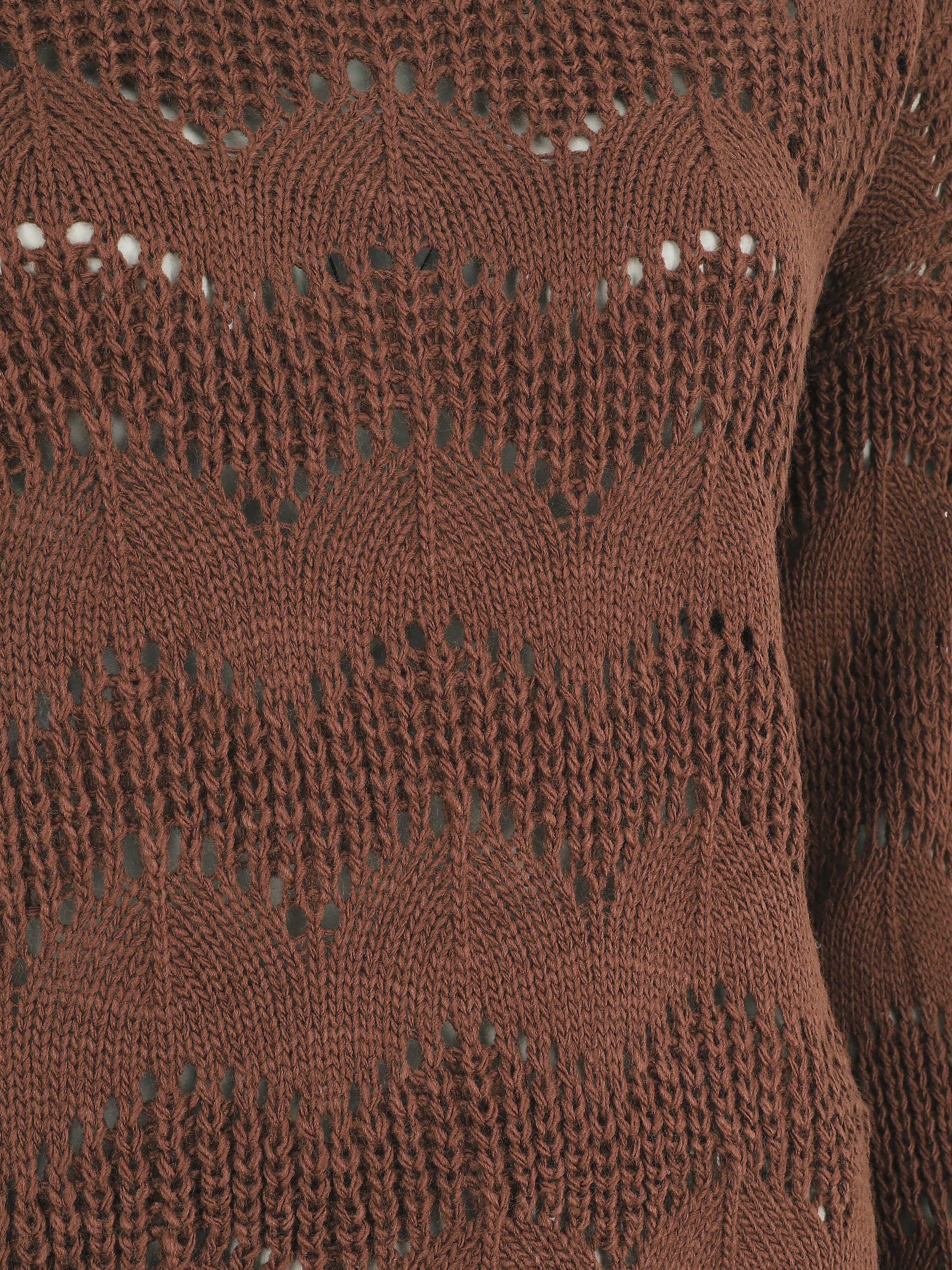 Pull droit uni en maille ajourée - Marron - Image 3