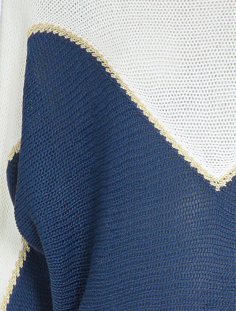 Pull en grosse maille à motif V irisé - Marine - Image 3