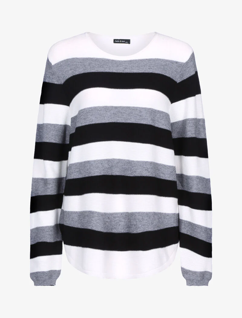 Pull en maille à bandes tricolores - écru/gris foncé/noir